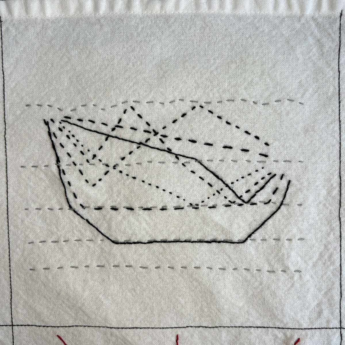 Overhead photo of white fabric 8”x8” square, with black and grey embroidered lines going horizontally across the square to create what looks like a line graph.