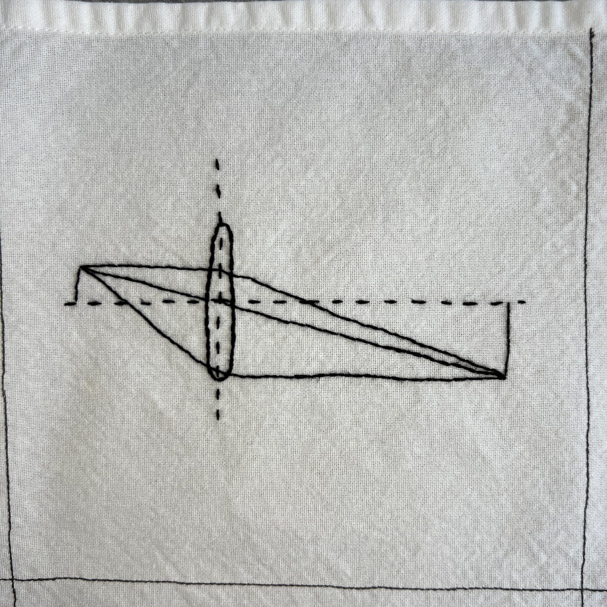 Overhead photo of white fabric 8”x8” square, with black embroidered horizontal and vertical lines, a quadrilateral shape, and an oval creating a diagram.