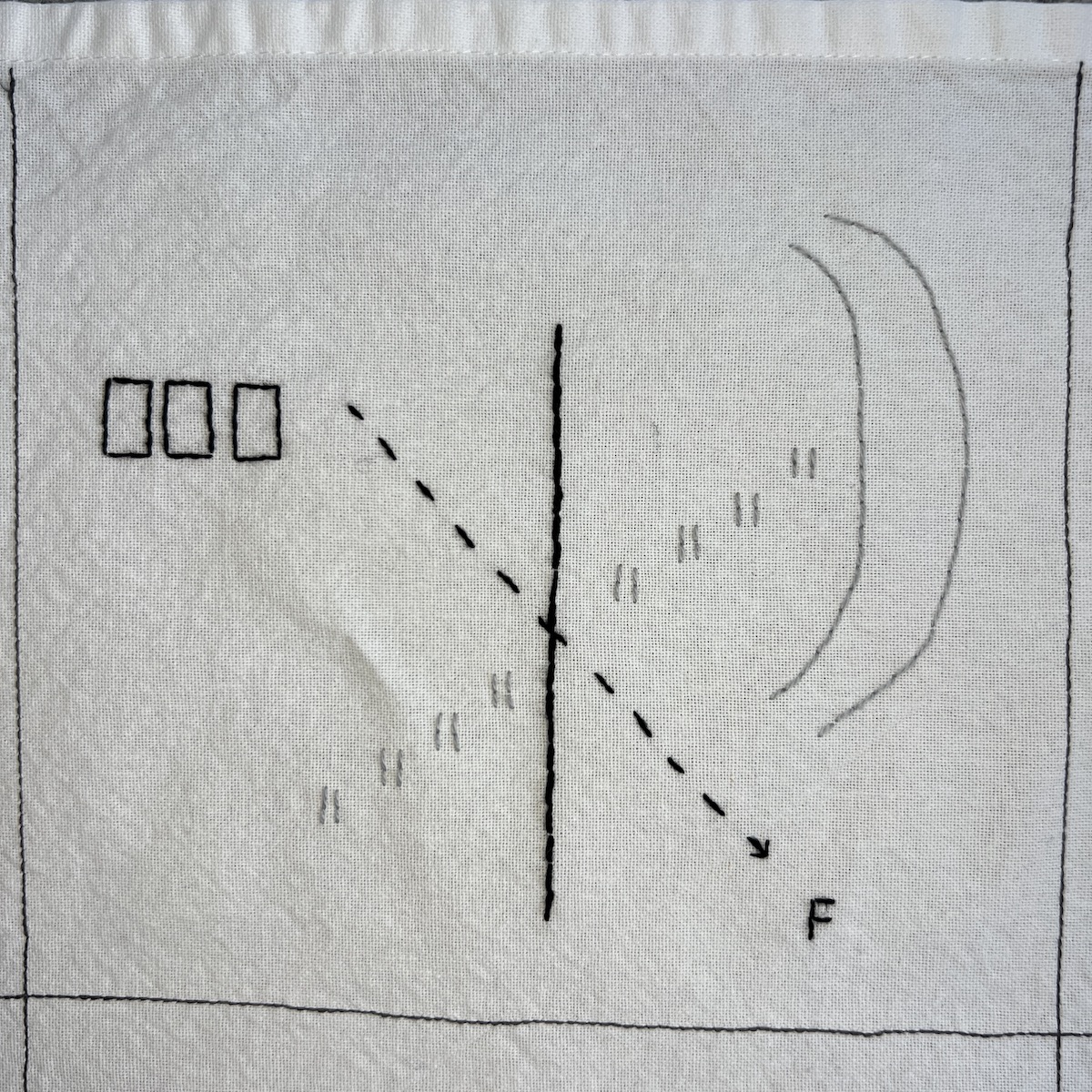 Overhead photo of white fabric 8”x8” square, with grey and black embroidered lines. There’s a vertical black line in the center of the square with a diagonal dashed line going through it at an angle. At the top of the dashed line are 3 small rectangles In a horizontal line. At the bottom of the dashed line is an arrow pointing to the letter F. There are light stitches in pairs creating a diagonal line through the center of the square and two grey crescent-shaped lines in the top right corner.