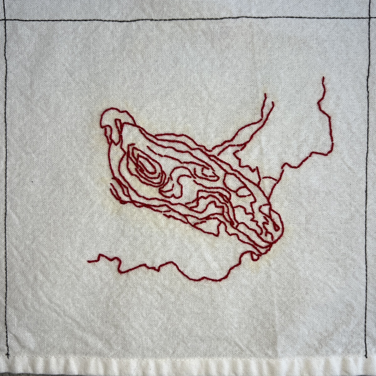 Overhead photo of white fabric 8”x8” square, with an abstract shape made of red embroidered lines that look like a topographical map.